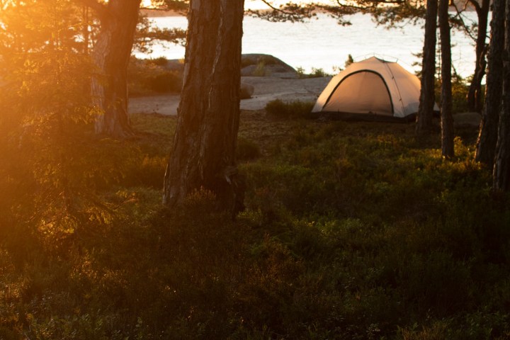 Sunset over a forest with a tent near trees and a view of water in the background.