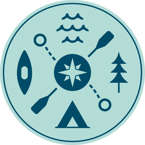 Circle with kayak, oars, compass rose, tree, tent, and waves symbols.