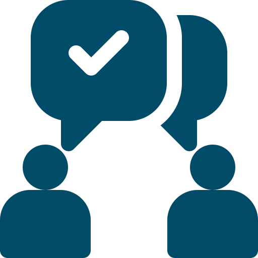 Two silhouettes with speech bubbles, one containing a check mark.