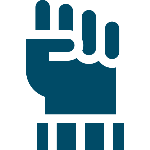 Dark blue icon of a raised fist, symbolizing solidarity or protest.